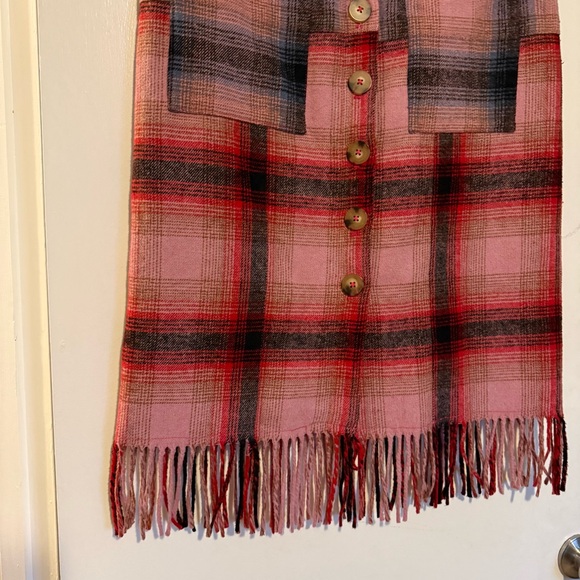 Anthropologie Maeve pink wool blend plaid fringe hem knee length pencil skirt - Picture 4 of 7